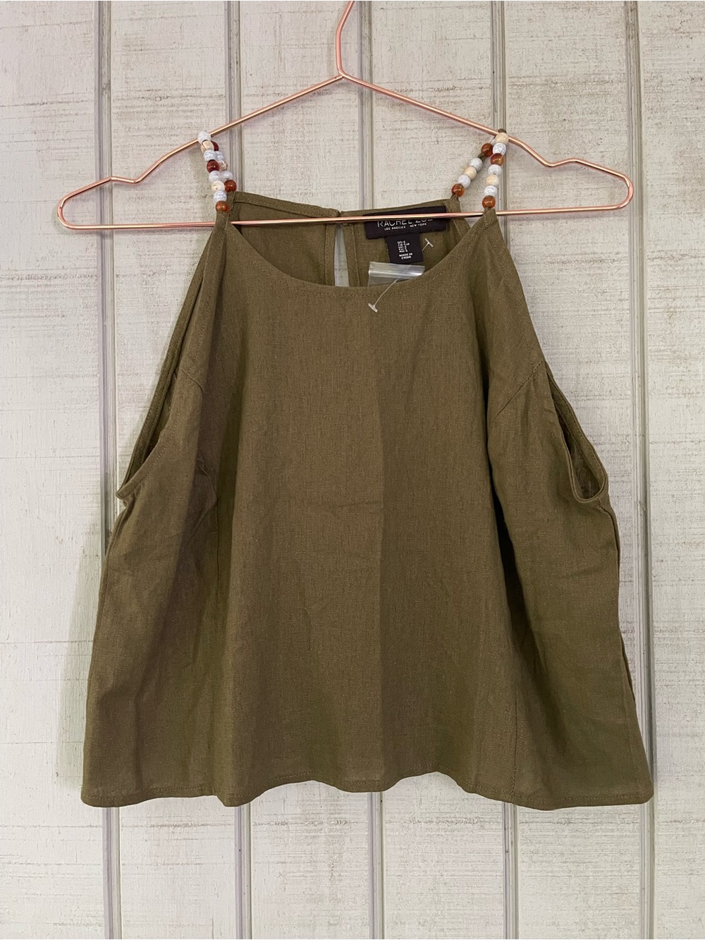 Rachel Zoe Olive Linen Blend Beaded Strap Halter Top Small NWOT Boho Resortwear